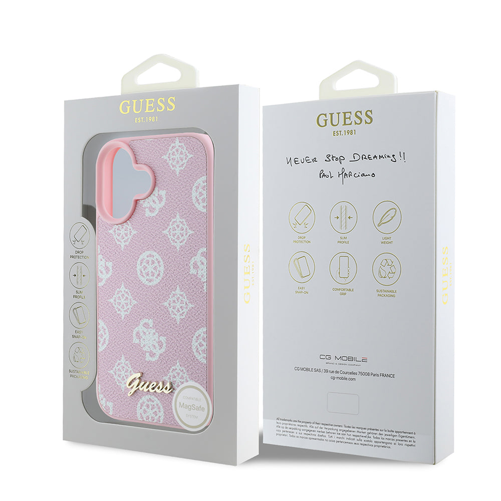 Husa MagSafe pentru Apple iPhone 16, Guess, Peony Script, Roz