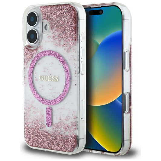 Husa MagSafe pentru Apple iPhone 16, Guess, Resin Bottom Glitter, Roz