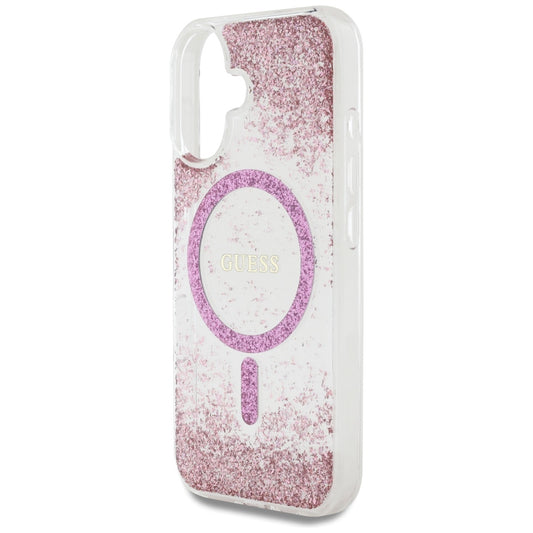Husa MagSafe pentru Apple iPhone 16, Guess, Resin Bottom Glitter, Roz