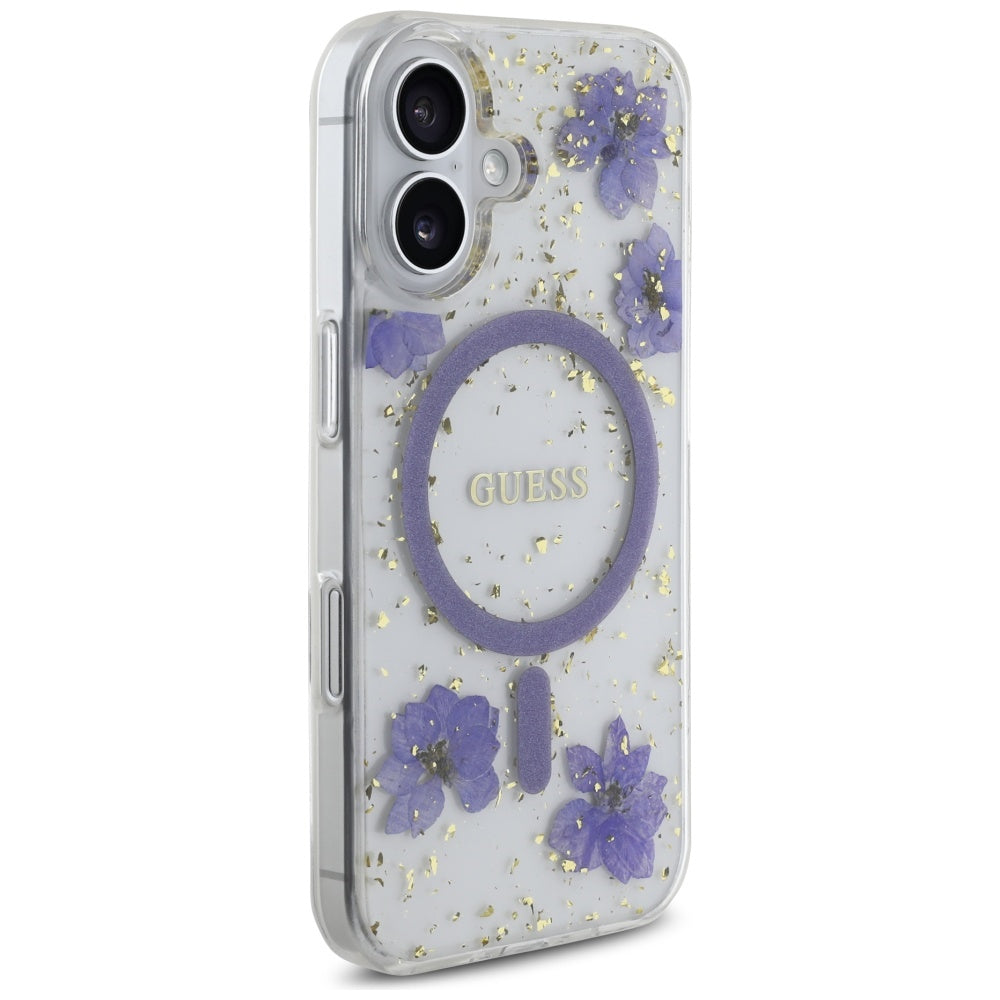 Husa MagSafe pentru Apple iPhone 16, Guess, Resin Flowers and Glitter, Mov