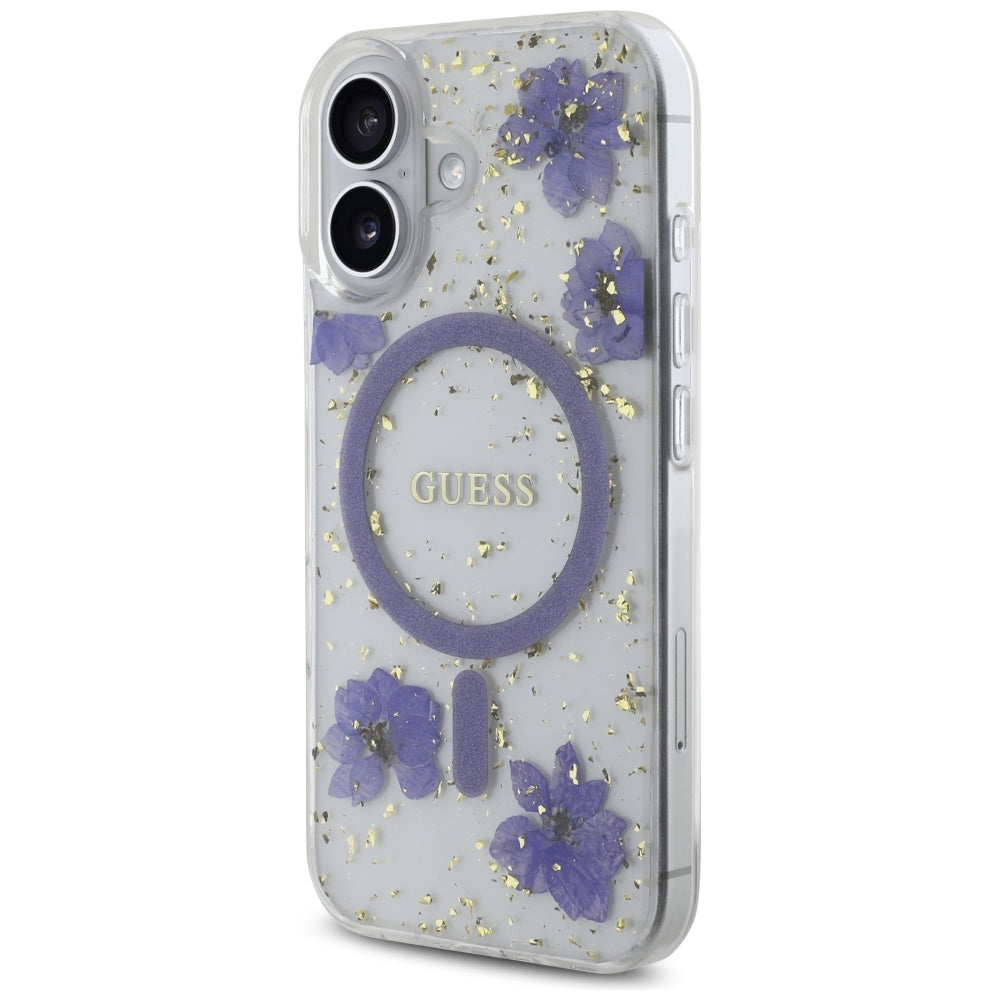 Husa MagSafe pentru Apple iPhone 16, Guess, Resin Flowers and Glitter, Mov