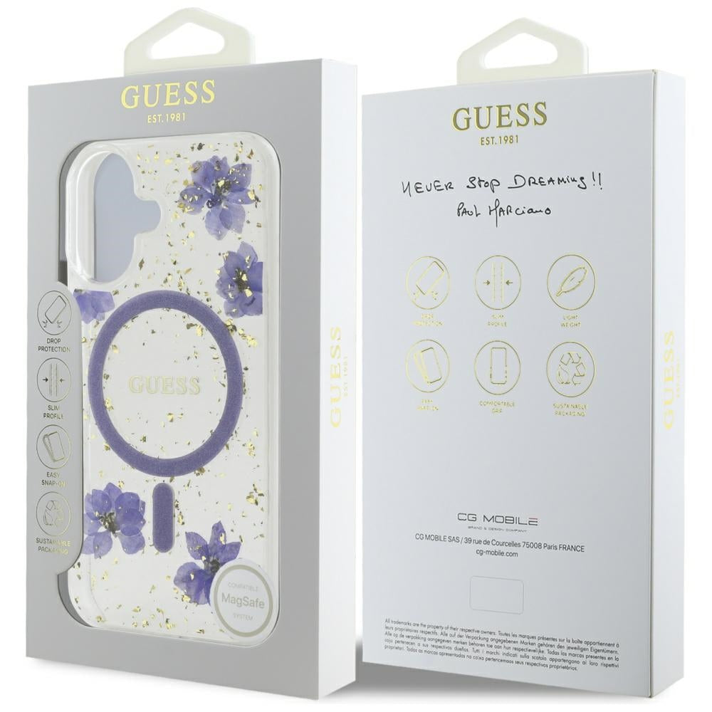 Husa MagSafe pentru Apple iPhone 16, Guess, Resin Flowers and Glitter, Mov
