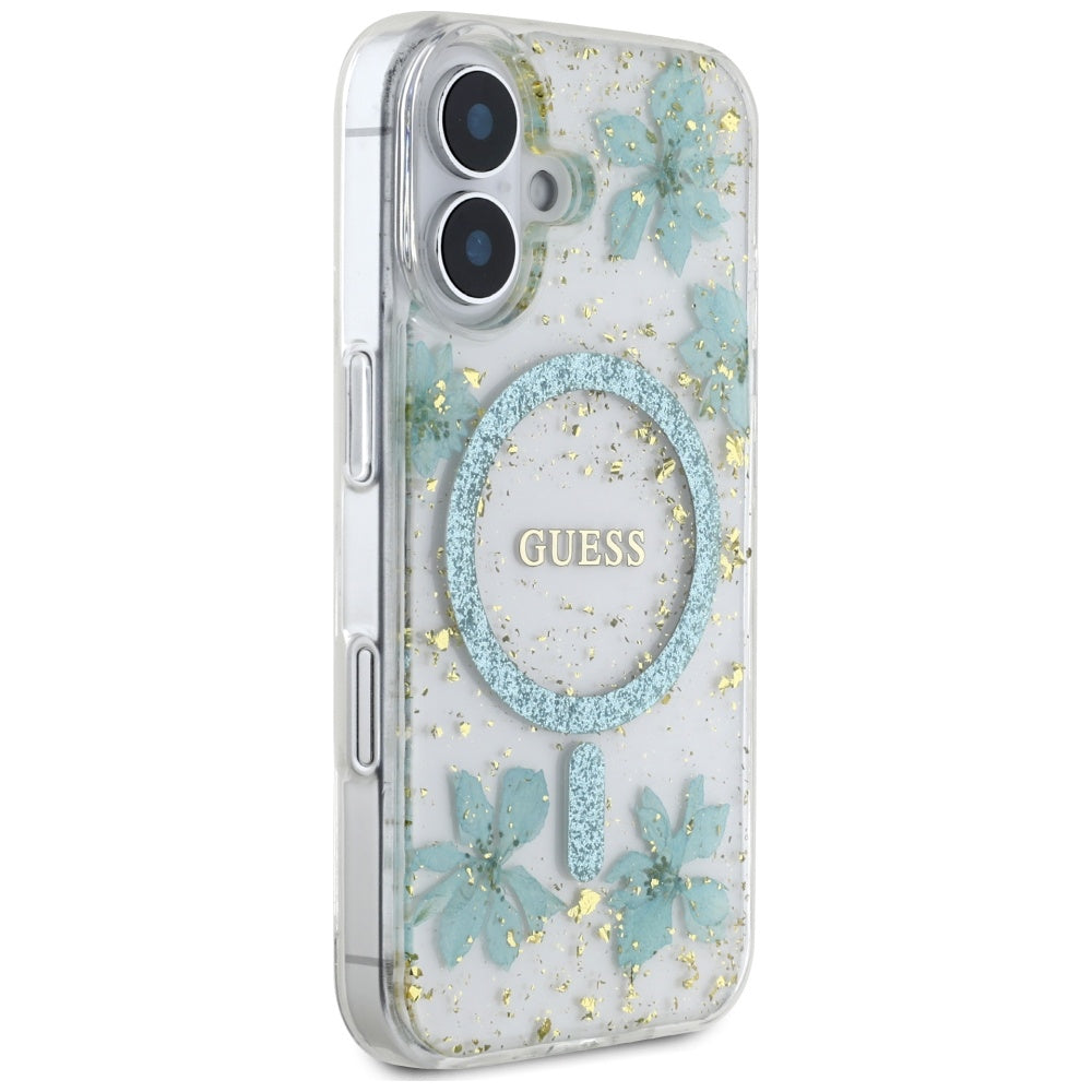 Husa MagSafe pentru Apple iPhone 16, Guess, Resin Flowers and Glitter, Turcoaz