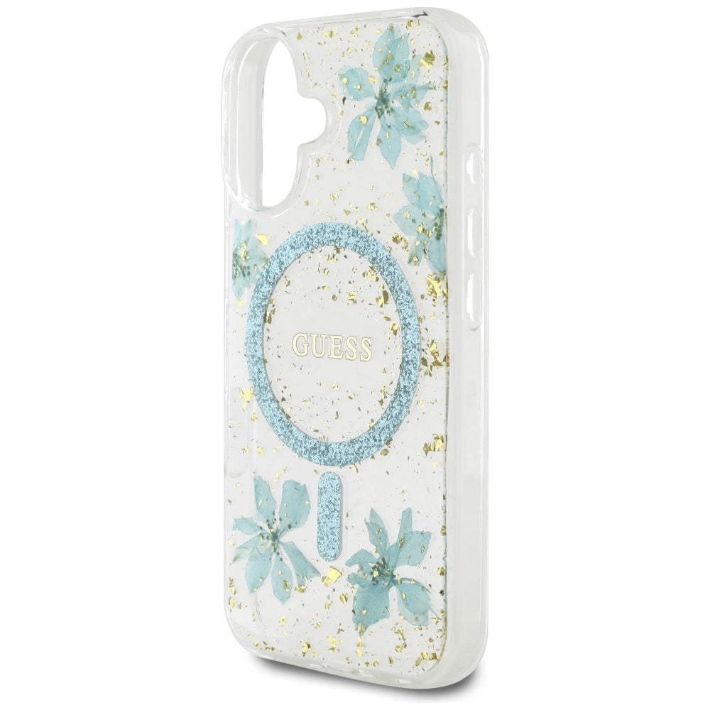 Husa MagSafe pentru Apple iPhone 16, Guess, Resin Flowers and Glitter, Turcoaz