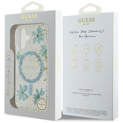 Husa MagSafe pentru Apple iPhone 16, Guess, Resin Flowers and Glitter, Turcoaz
