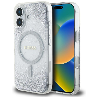 Husa MagSafe pentru Apple iPhone 16, Guess, Resin Gradient Glitter, Argintie