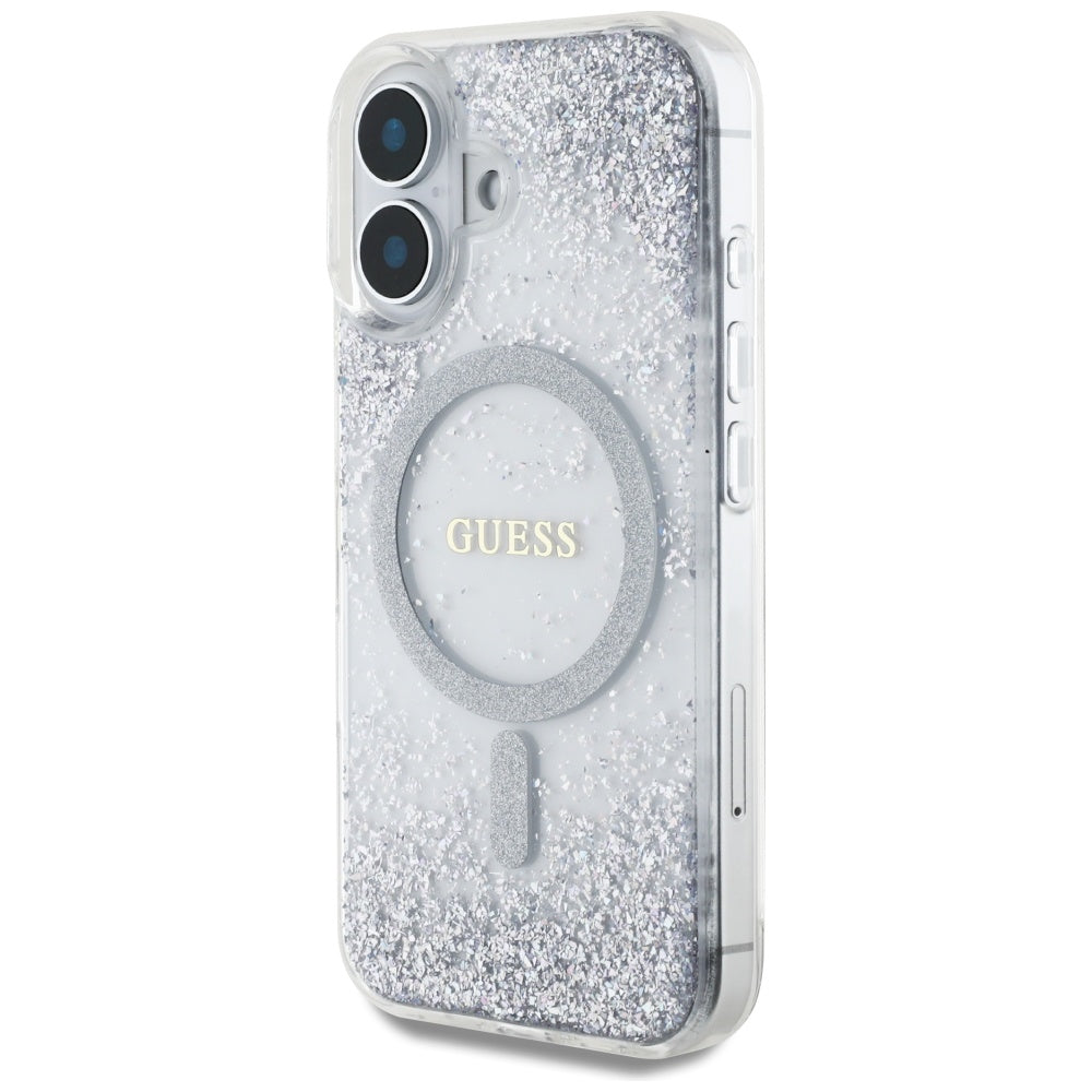Husa MagSafe pentru Apple iPhone 16, Guess, Resin Gradient Glitter, Argintie
