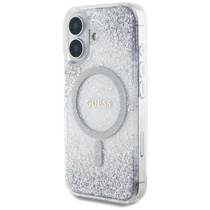 Husa MagSafe pentru Apple iPhone 16, Guess, Resin Gradient Glitter, Argintie