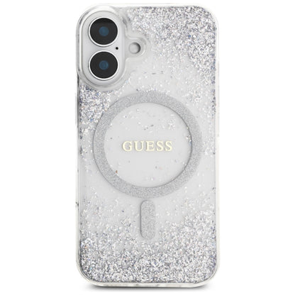 Husa MagSafe pentru Apple iPhone 16, Guess, Resin Gradient Glitter, Argintie