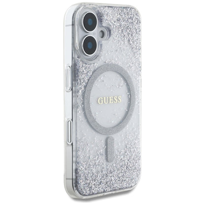 Husa MagSafe pentru Apple iPhone 16, Guess, Resin Gradient Glitter, Argintie