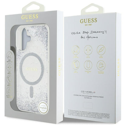 Husa MagSafe pentru Apple iPhone 16, Guess, Resin Gradient Glitter, Argintie