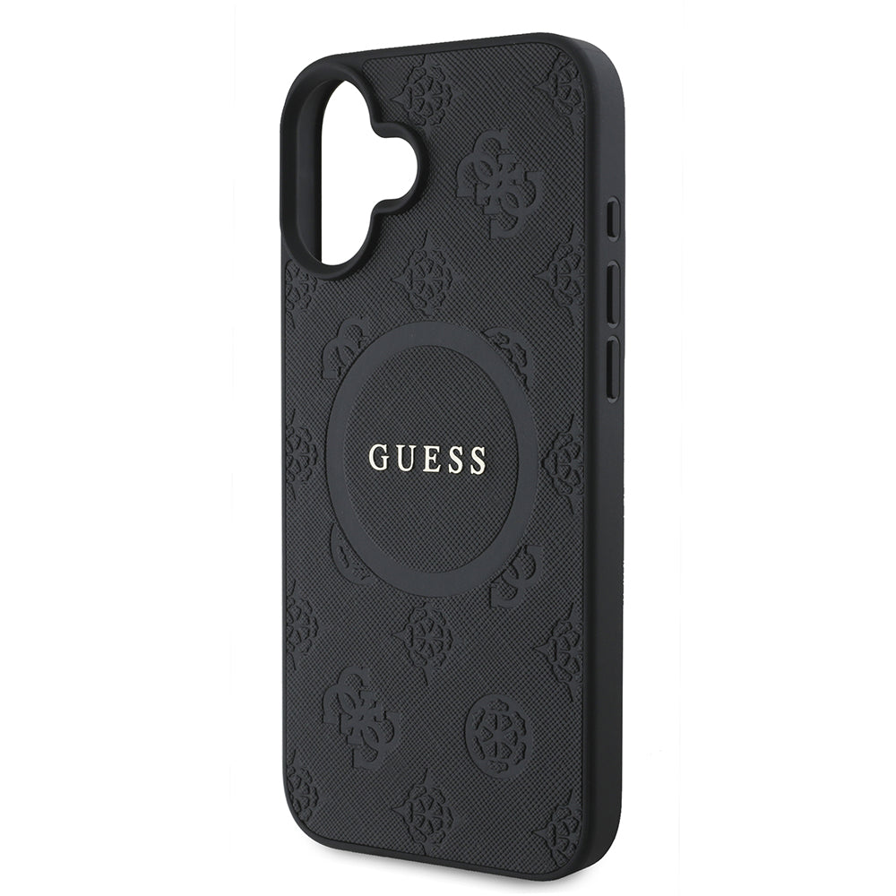 Husa MagSafe pentru Apple iPhone 16, Guess, Saffiano Peony Classic Logo, Neagra