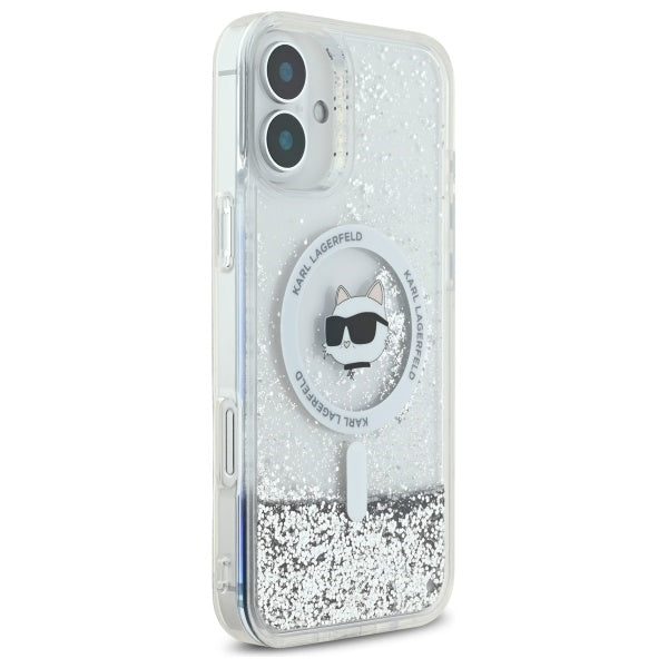 Husa MagSafe pentru Apple iPhone 16, Karl Lagerfeld, Glitter Liquid Choupette Head, Transparenta