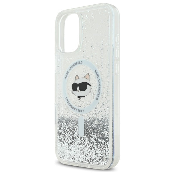 Husa MagSafe pentru Apple iPhone 16, Karl Lagerfeld, Glitter Liquid Choupette Head, Transparenta