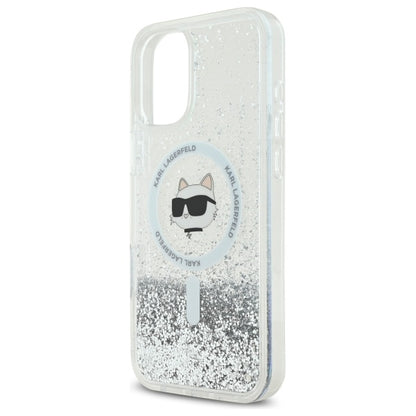 Husa MagSafe pentru Apple iPhone 16, Karl Lagerfeld, Glitter Liquid Choupette Head, Transparenta