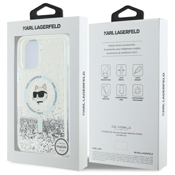 Husa MagSafe pentru Apple iPhone 16, Karl Lagerfeld, Glitter Liquid Choupette Head, Transparenta