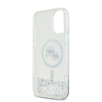 Husa MagSafe pentru Apple iPhone 16, Karl Lagerfeld, Glitter Liquid Karl & Choupette' s Heads, Transparenta