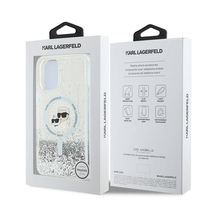 Husa MagSafe pentru Apple iPhone 16, Karl Lagerfeld, Glitter Liquid Karl & Choupette' s Heads, Transparenta