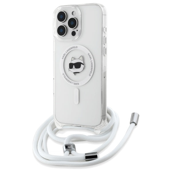 Husa MagSafe pentru Apple iPhone 16, Karl Lagerfeld, IML Crossbody Choupette's Head with Strap, Transparenta
