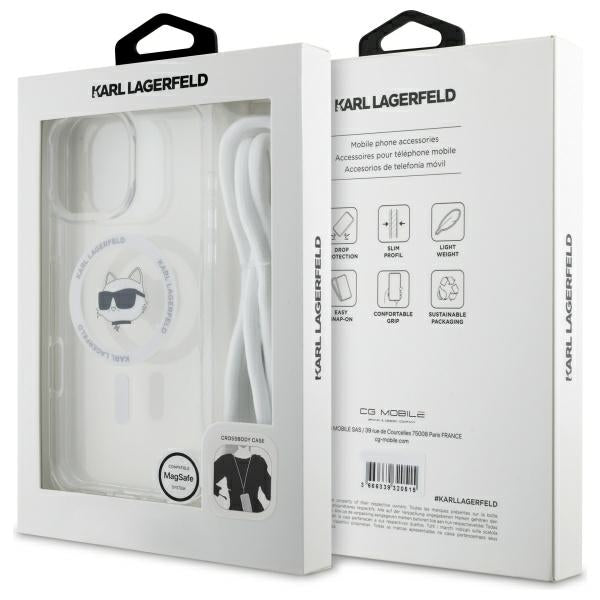 Husa MagSafe pentru Apple iPhone 16, Karl Lagerfeld, IML Crossbody Choupette's Head with Strap, Transparenta