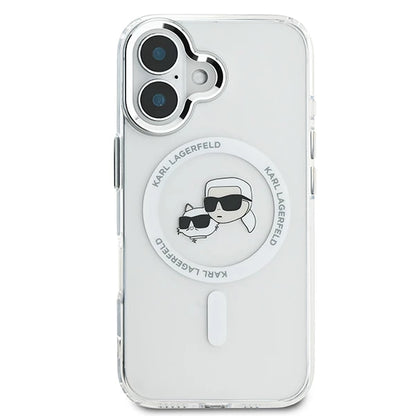 Husa MagSafe pentru Apple iPhone 16, Karl Lagerfeld, IML Metal Karl & Choupette's Heads, Alba