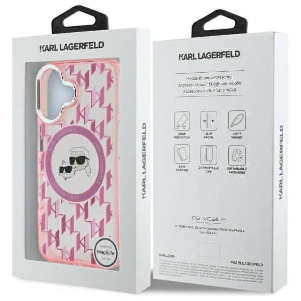 Husa MagSafe pentru Apple iPhone 16, Karl Lagerfeld, IML Monogram Karl & Choupette's Heads, Roz