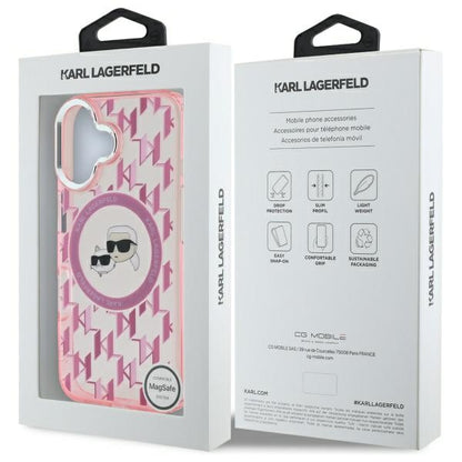 Husa MagSafe pentru Apple iPhone 16, Karl Lagerfeld, IML Monogram Karl & Choupette's Heads, Roz