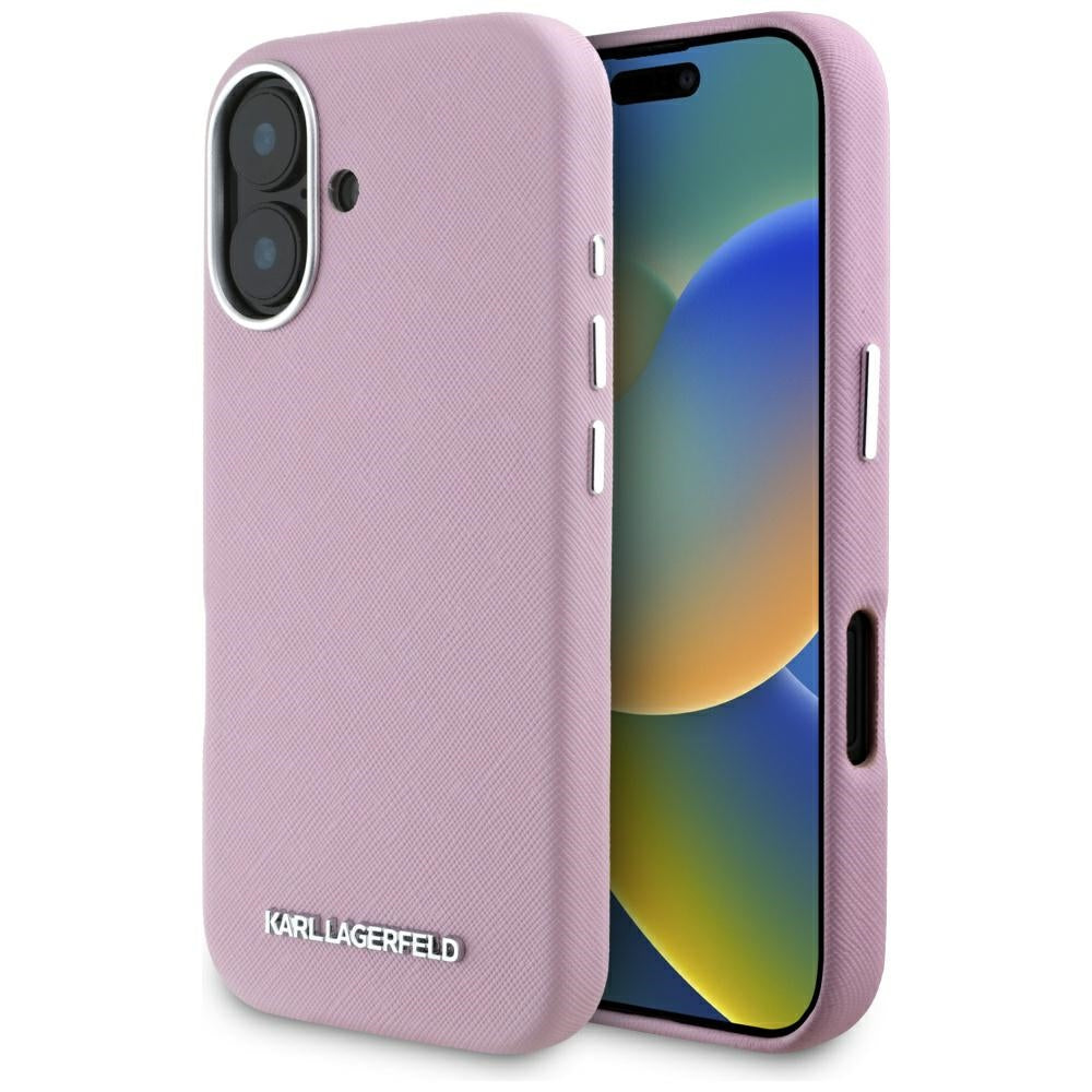 Husa MagSafe pentru Apple iPhone 16, Karl Lagerfeld, Saffiano Full Wrapped Elongated Metal Logo, Roz