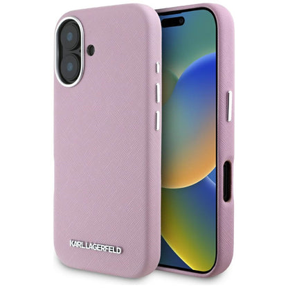 Husa MagSafe pentru Apple iPhone 16, Karl Lagerfeld, Saffiano Full Wrapped Elongated Metal Logo, Roz