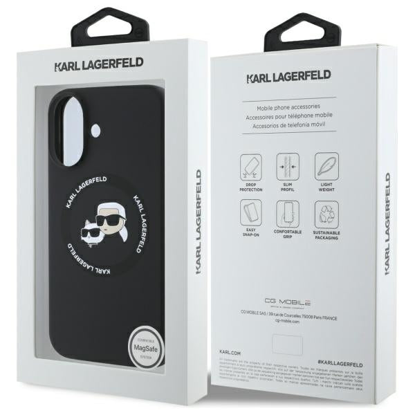 Husa MagSafe pentru Apple iPhone 16, Karl Lagerfeld, Silicone Karl & Choupette's Heads, Neagra