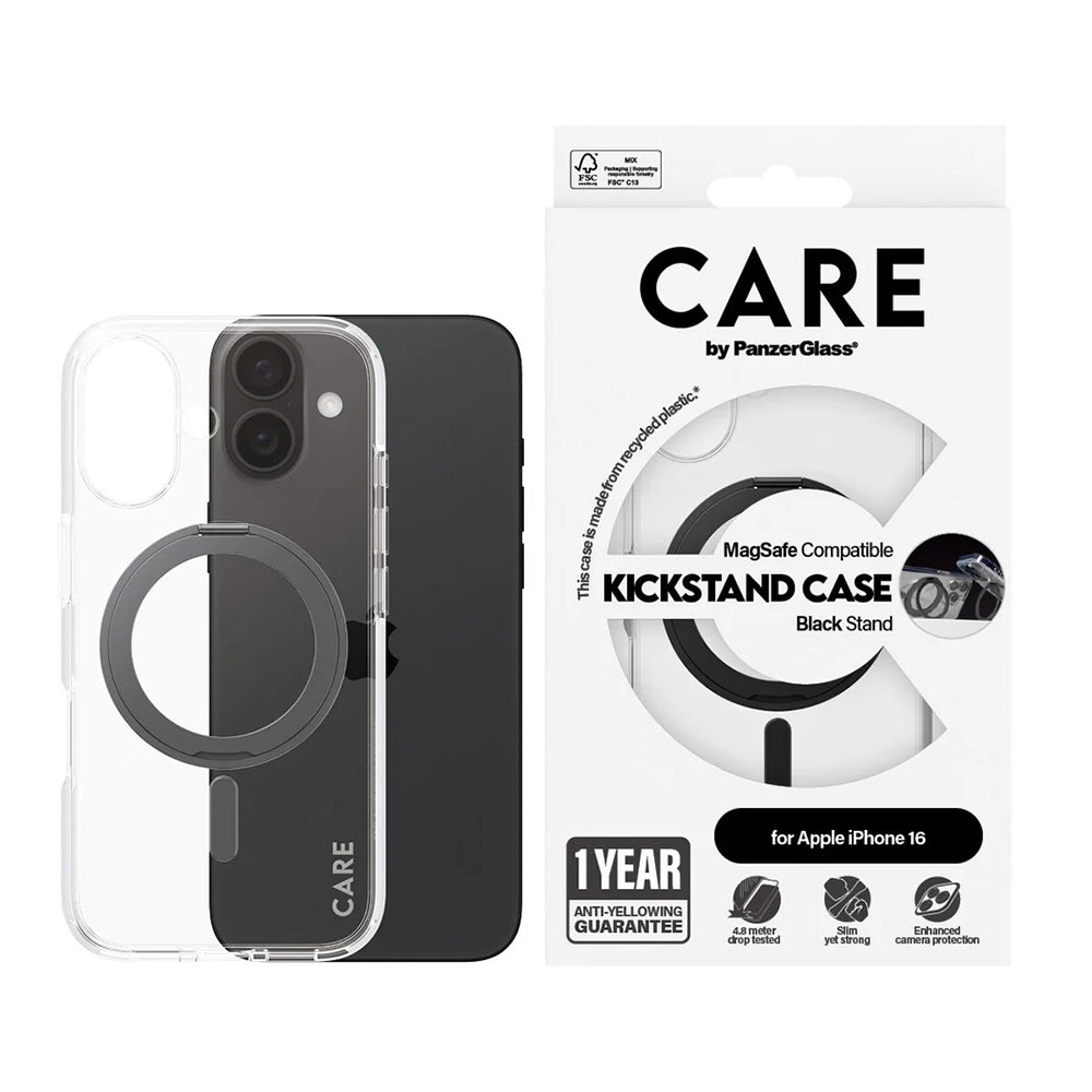 Husa MagSafe pentru Apple iPhone 16, PanzerGlass, Care Feature Kickstand, Transparenta Neagra