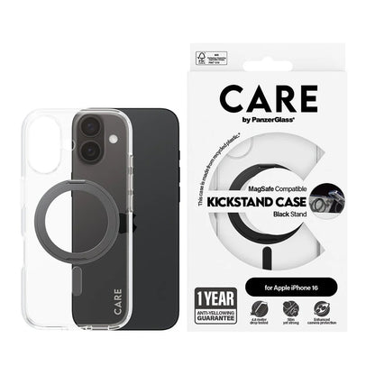 Husa MagSafe pentru Apple iPhone 16, PanzerGlass, Care Feature Kickstand, Transparenta Neagra