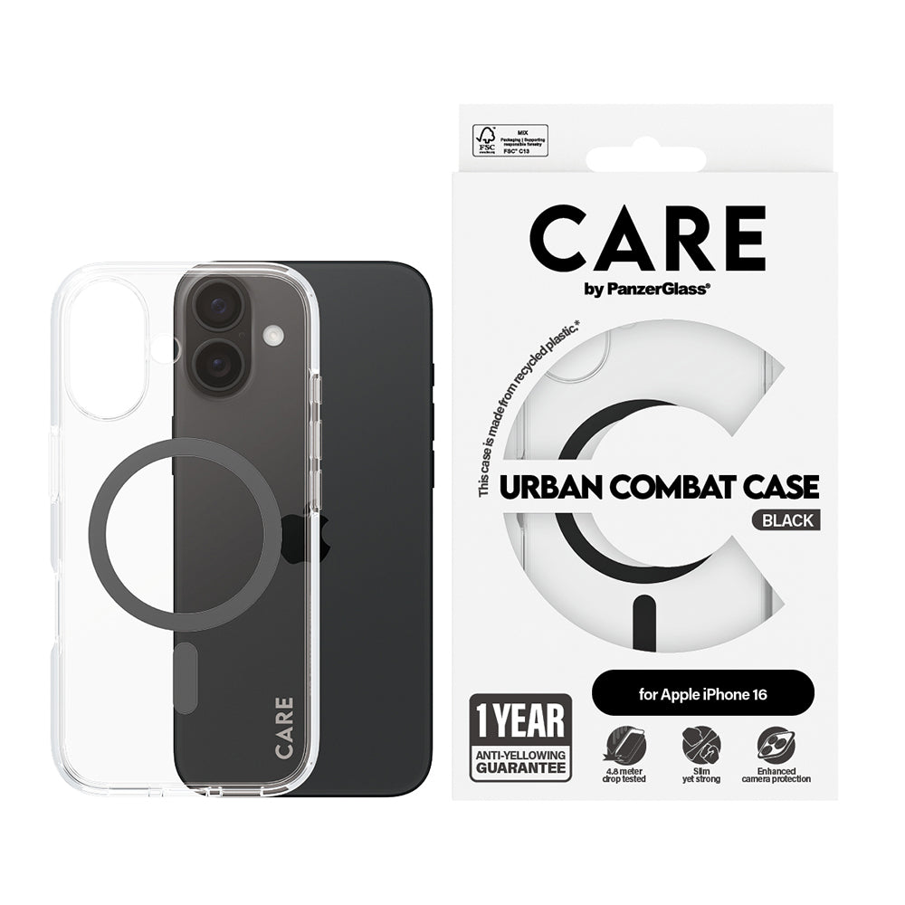 Husa MagSafe pentru Apple iPhone 16, PanzerGlass, Care Urban Combat, Transparenta Neagra
