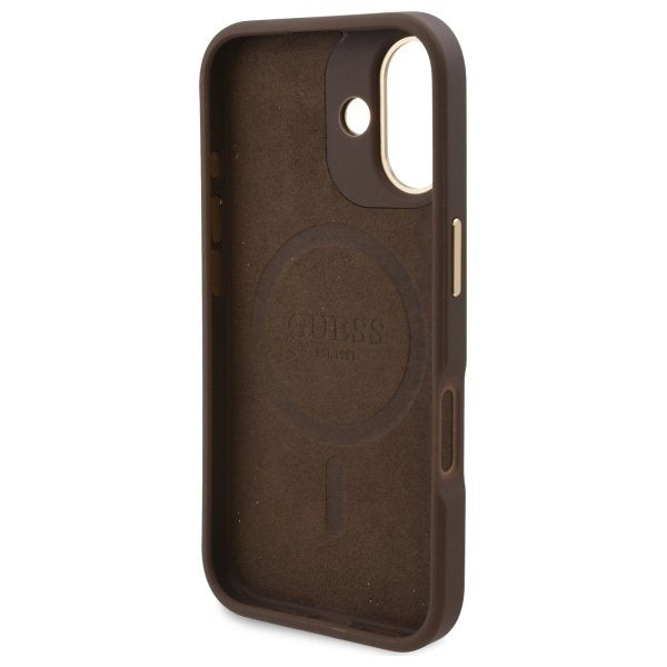 Husa MagSafe pentru Apple iPhone 16 Plus, Guess, 4G Logo Plate, Maro