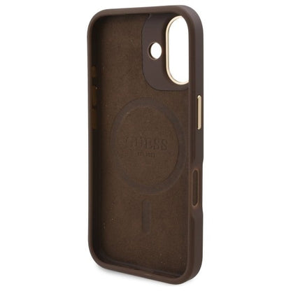 Husa MagSafe pentru Apple iPhone 16 Plus, Guess, 4G Logo Plate, Maro
