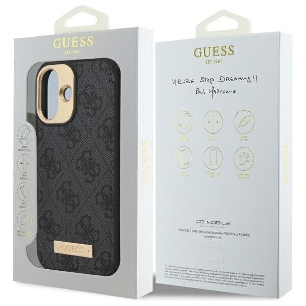 Husa MagSafe pentru Apple iPhone 16 Plus, Guess, 4G Logo Plate, Neagra