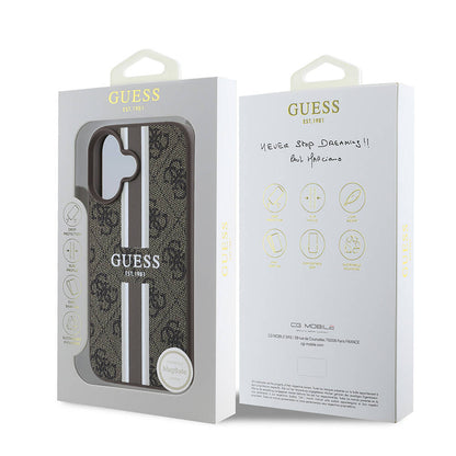 Husa MagSafe pentru Apple iPhone 16 Plus, Guess, 4G Printed Stripes, Maro