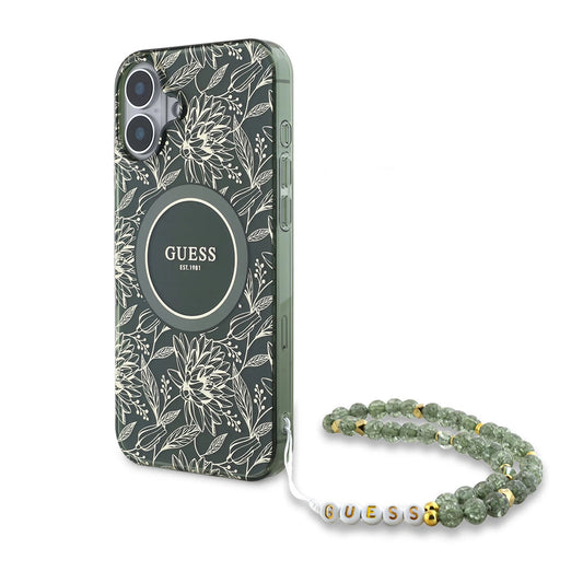 Husa MagSafe pentru Apple iPhone 16 Plus, Guess, IML Flowers Allover Electroplated with Pearl Strap, Verde