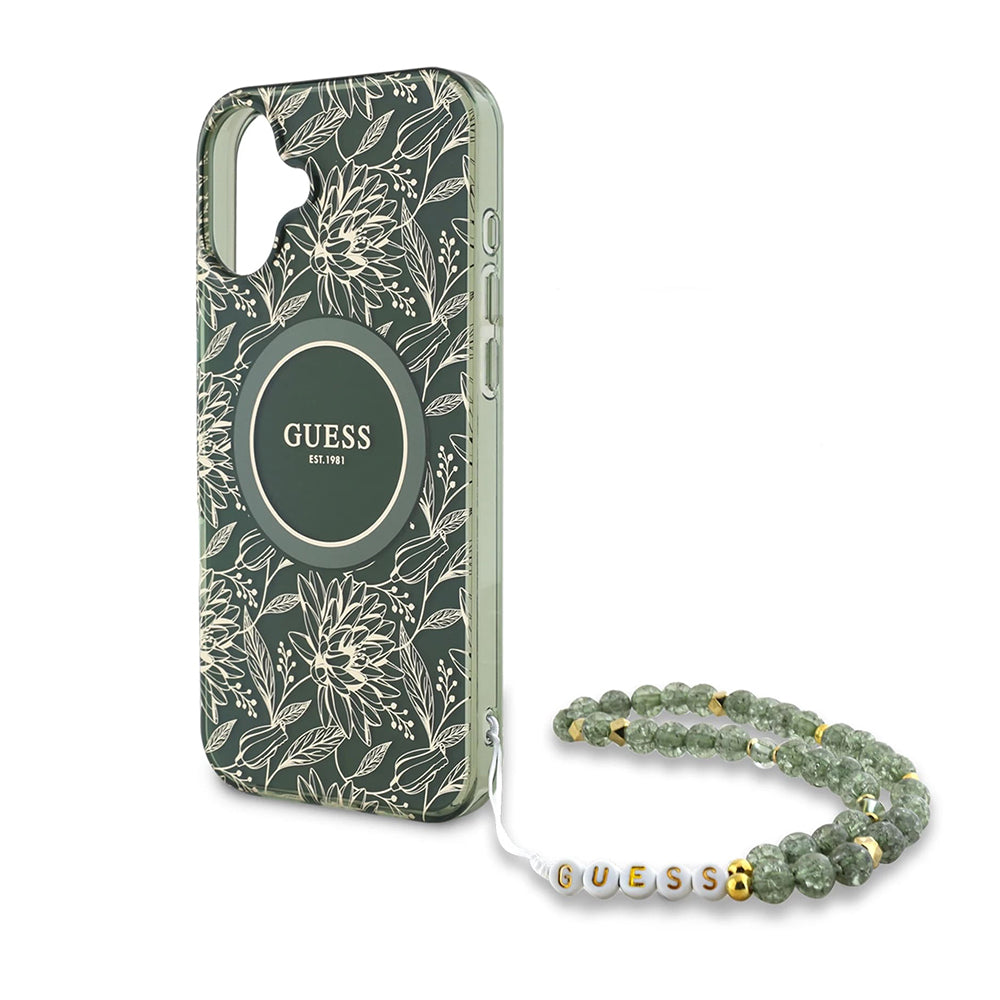 Husa MagSafe pentru Apple iPhone 16 Plus, Guess, IML Flowers Allover Electroplated with Pearl Strap, Verde