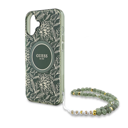 Husa MagSafe pentru Apple iPhone 16 Plus, Guess, IML Flowers Allover Electroplated with Pearl Strap, Verde