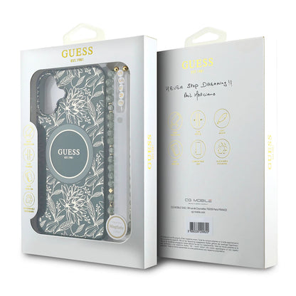 Husa MagSafe pentru Apple iPhone 16 Plus, Guess, IML Flowers Allover Electroplated with Pearl Strap, Verde