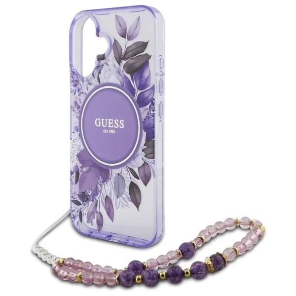 Husa MagSafe pentru Apple iPhone 16 Plus, Guess, IML Flowers with Pearl Strap, Mov