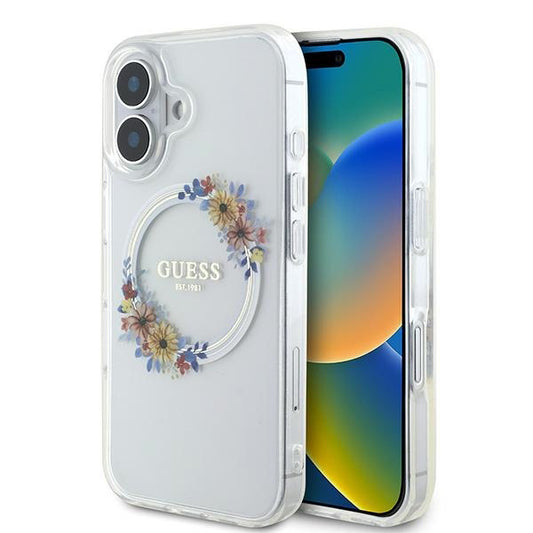 Husa MagSafe pentru Apple iPhone 16 Plus, Guess, IML Flowers Wreath, Transparenta