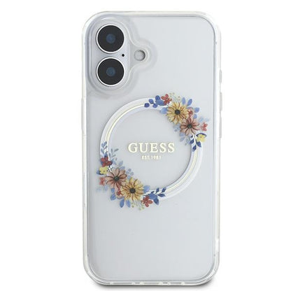 Husa MagSafe pentru Apple iPhone 16 Plus, Guess, IML Flowers Wreath, Transparenta