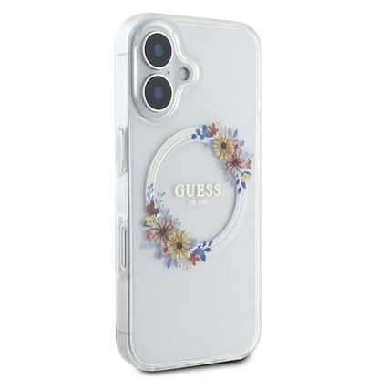 Husa MagSafe pentru Apple iPhone 16 Plus, Guess, IML Flowers Wreath, Transparenta