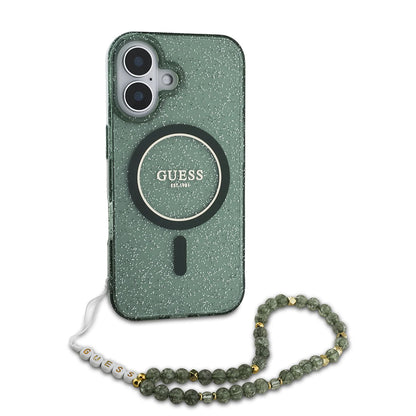 Husa MagSafe pentru Apple iPhone 16 Plus, Guess, IML Glitter with Pearl Strap, Verde