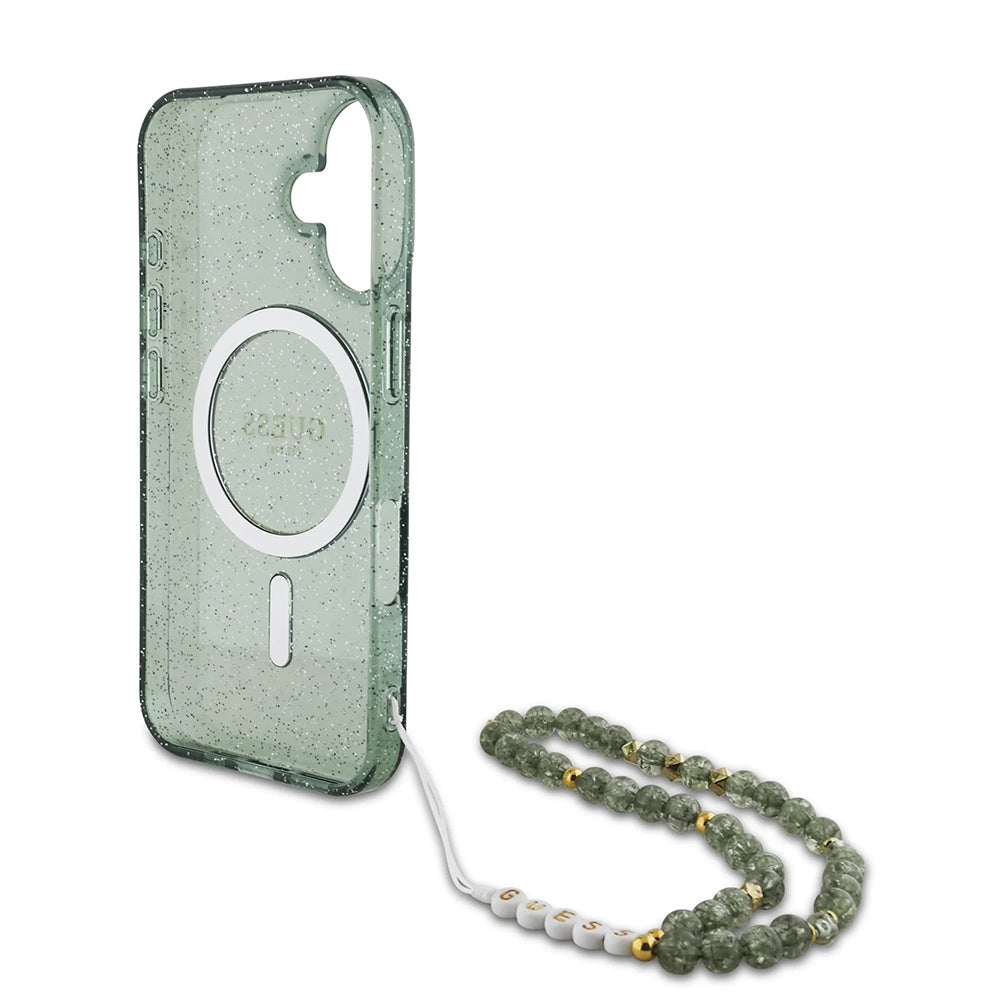Husa MagSafe pentru Apple iPhone 16 Plus, Guess, IML Glitter with Pearl Strap, Verde