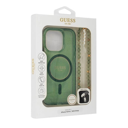 Husa MagSafe pentru Apple iPhone 16 Plus, Guess, IML Glitter with Pearl Strap, Verde