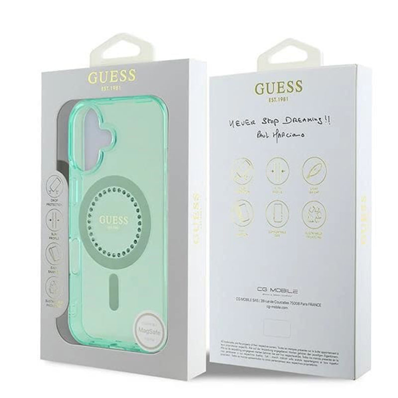 Husa MagSafe pentru Apple iPhone 16 Plus, Guess, IML Rhinestone, Verde