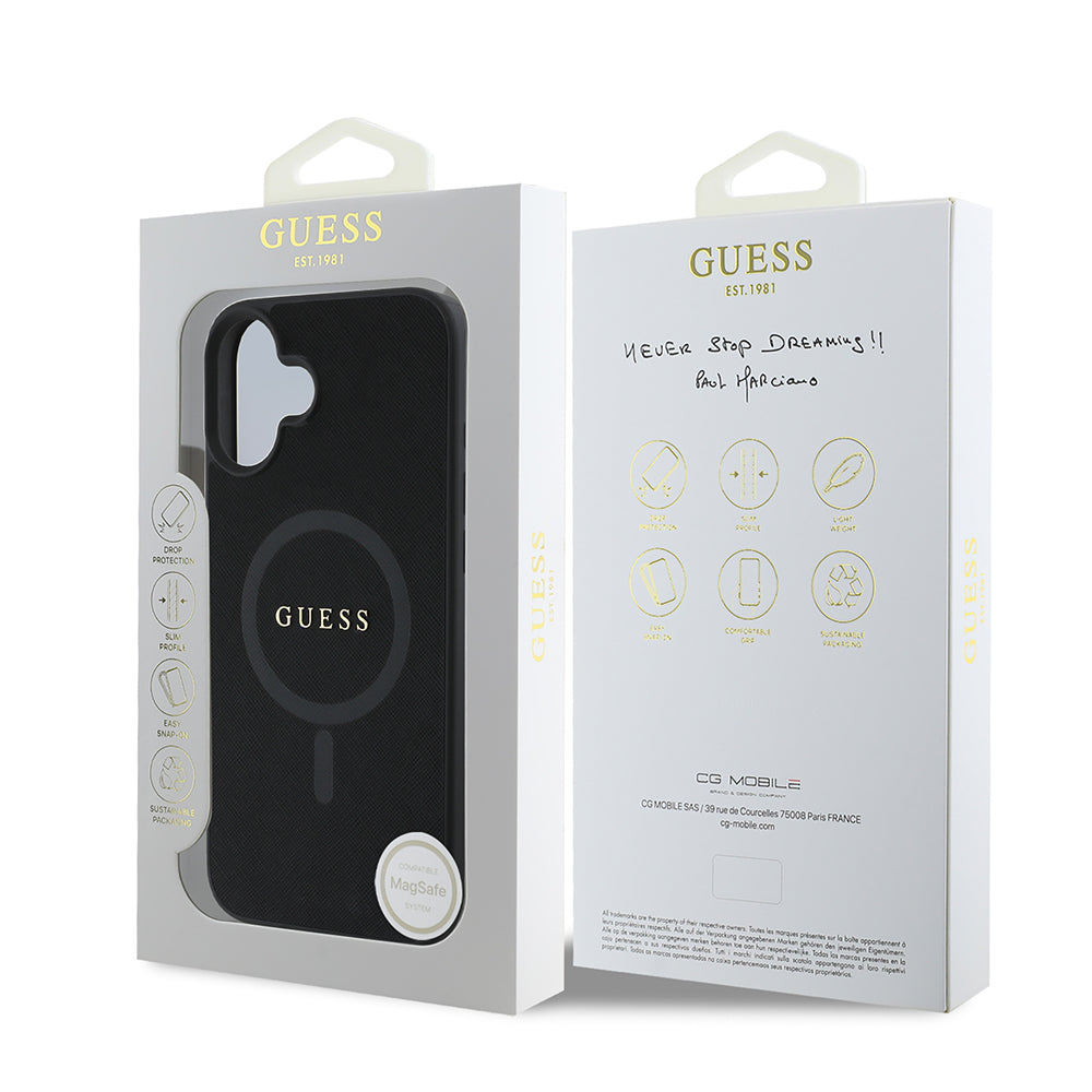 Husa MagSafe pentru Apple iPhone 16 Plus, Guess, Saffiano Classic Logo, Neagra